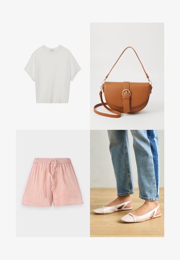 White short-sleeve t-shirt with a wide crew neck and textured ribbed pattern, made of soft fabric, featuring a relaxed fit and a clean design.; Light pink shorts with vertical red stripes, made of soft fabric. Features an elastic waistband with a drawstring for adjustment.; Pale pink slingback flats with a pointed toe, made from a smooth leather-like material. Features cut-out details at the sides and a flat heel.; Brown leather crossbody bag with a curved shape, gold hardware, and a buckle accent. Features a detachable shoulder strap.