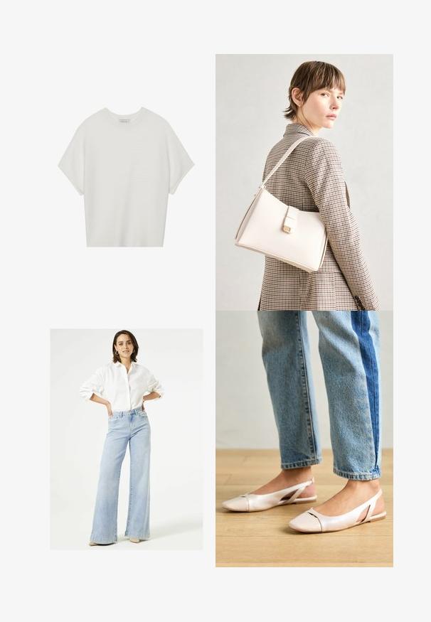 Witte T-shirt met korte mouwen, een brede ronde hals en een gestructureerd ribpatroon, gemaakt van zachte stof. Het shirt heeft een ontspannen pasvorm en een strakke uitstraling.; Witte knoopshirt met opgerolde mouwen, gecombineerd met lichtblauwe wijde jeans. De jeans hebben een hoge taille en een vervaagde afwerking.; Zachtroze slingback ballerina's met een spitse neus, gemaakt van een glad leerachtig materiaal. Bevat uitsnijdingen aan de zijkanten en heeft een platte hak.; Witte leren handtas met een gestructureerd ontwerp, voorzien van een magneetsluiting en een schouderriem, tentoongesteld tegen een neutrale achtergrond.
