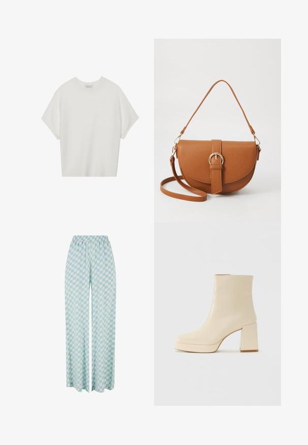 Balta trumpa rankovėmis marškinėliai su plačiu apykakle ir tekstūruotu gumbelių raštu, pagaminti iš minkštos medžiagos, pasižymintys laisvu siluetu ir tvarkingu dizainu.; Šviesiai mėlyni plačios kelnės su pakaitinėmis p викru figūromis, su elastinga juosmens juosta patogumui.; Smėlio spalvos odiniai aulinukai su blokuotu kulnu ir platforma, lygiu paviršiumi ir šiek tiek kvadratiniu nosiu, pasukti kairėn ant balto fono.; Ruda odinė kryžminė rankinė, turinti kreivą formą, auksinius metalinius elementus ir sagtį. Yra nuimama petneša.