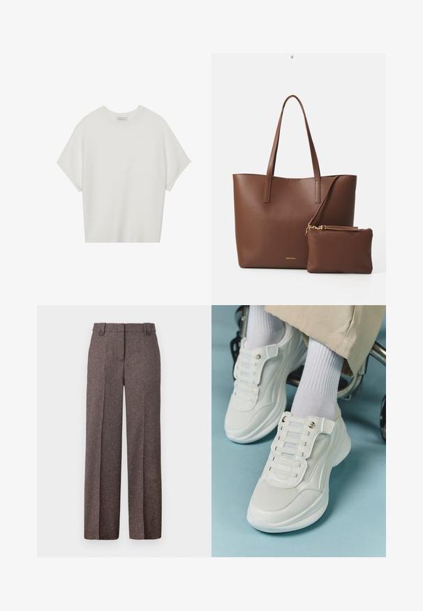 Witte T-shirt met korte mouwen, een brede ronde hals en een gestructureerd ribpatroon, gemaakt van zachte stof. Het shirt heeft een ontspannen pasvorm en een strakke uitstraling.; Bruine wijde broek van gestructureerde stof. Heeft twee voorzakken en een op maat gemaakte pasvorm met twee knopen op de tailleband.; Witte sneakers met een mesh materiaal, rubberen zool, vetersloze uitvoering met elastische banden en gouden accenten.; Bruine neplederen schoudertas met twee lange handvatten en een bijpassend klein pouch. Het oppervlak heeft een gestructureerd patroon en gouden hardware accenten.