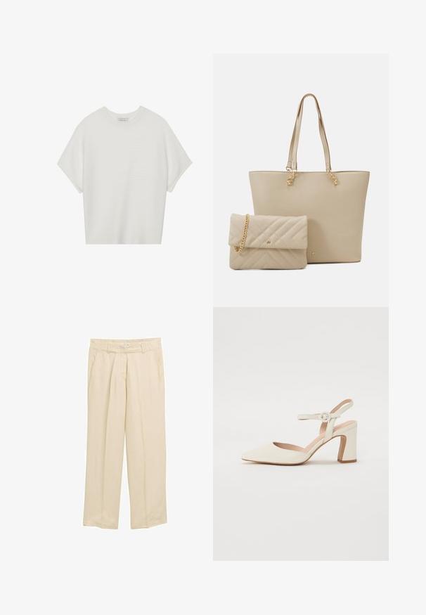 T-shirt blanc à manches courtes avec un large col rond et un motif côtelé texturé, fabriqué en tissu doux, présentant une coupe décontractée et un design épuré.; Pantalons larges beige en tissu léger. Dotés d'une taille élastique et de poches latérales. Texture lisse avec de légères lignes verticales.; Escarpin à bout pointu, de couleur crème, avec un talon carré. Il est doté d'une fine lanière de cheville avec une boucle ronde et d'une texture en cuir lisse.; Sac fourre-tout beige avec des poignées plates, texture lisse et métal doré, accompagné d'une pochette matelassée assortie avec une chaîne.