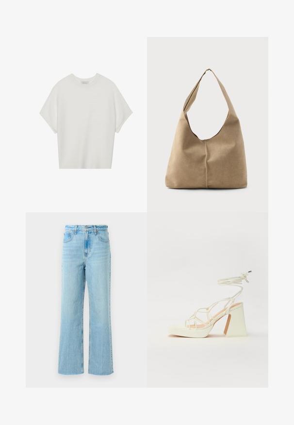 Balta īsā piedurknē T-krekls ar plašu apļa kaklu un teksturētu ribu rakstu, izgatavots no mīksta auduma, ar brīvu piegriezumu un tīru dizainu.; Gai zili džinsi ar taisnu kāju dizainu, ar augstu jostasvietu, kontrastējošām šuvēm un nedaudz izbalējušu tekstūru.; Baltas augstpapēžu sandales ar masīvu papēdi, ar siksnu dizainu un potītes saistītiem elementiem. Gluda tekstūra ar platformu priekšpusē, lai nodrošinātu papildu augstumu.; Mīksta bežā zamšā izgatavota hobo soma ar izteiksmīgu formu, platu plecu siksnu un roku šūta dūriens detaļa pa priekšu.