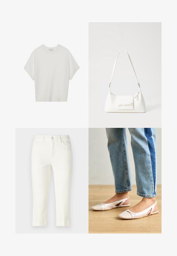 Weißes T-Shirt mit kurzen Ärmeln, weitem Rundhalsausschnitt und strukturiertem Rippenmuster, aus weichem Stoff, mit legerer Passform und einem klaren Design.; Weiße, aus Baumwolle gefertigte, cropped Hosen mit Knopfverschluss, Fronttaschen und geradem Bein-Design mit sauberem Finish.; Blassrosa Slingback-Ballerinas mit spitzem Punkt, aus einem glatten, lederähnlichen Material. Mit Ausschnitten an den Seiten und einem flachen Absatz.; Weiße synthetische Handtasche in dreieckiger Form, flache Vorderklappe und Schleifendetail, verstellbarer Trageriemen, glatte Textur und minimalistisches Design.