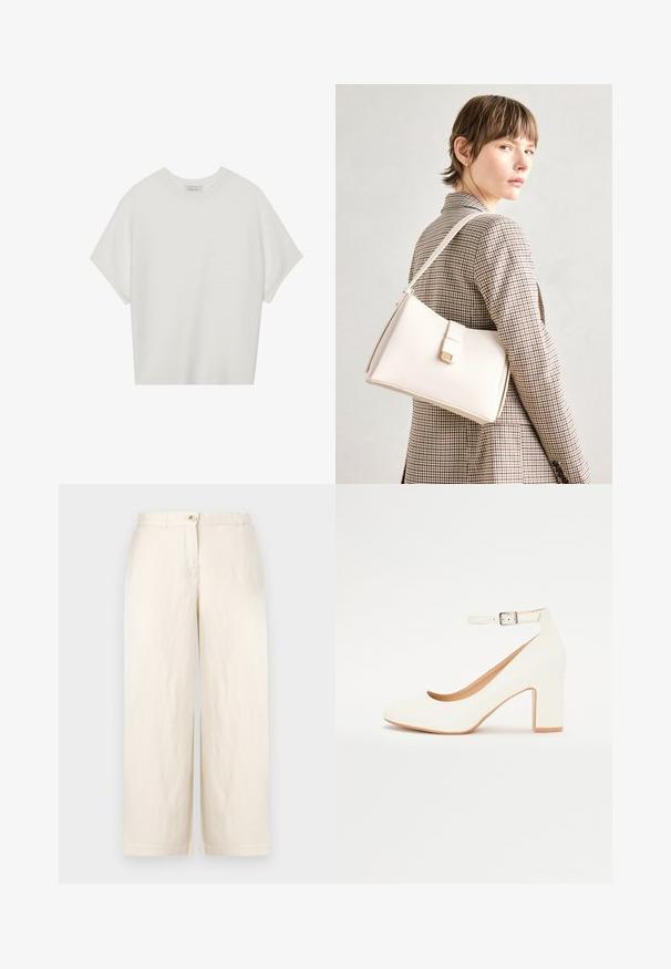 Camiseta branca de mangas curtas com um decote careca largo e um padrão texturizado canelado, feita de tecido suave, com um corte relaxado e um design limpo.; Calças largas bege em tecido leve, com fecho de botão, passantes para cinto e bainhas limpas. Textura suave e design minimalista.; Sandalha branca de salto alto com ponta afiada, salto bloco e tira no tornozelo. Acabamento suave com um brilho subtil e forro bege.; Bolsa de mão em couro branco com um design estruturado, apresentando um fecho magnético e uma alça de ombro, exibida sobre um fundo neutro.