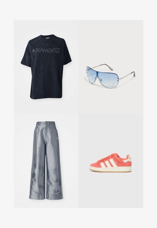 Czarna koszulka z krótkim rękawem wykonana z miękkiego materiału, z teksturowanym wzorem i ozdobiona kryształkami w kształcie napisu "+TEAMGEIST."; Szerokie spodnie w błyszczącym szarym kolorze, z białymi paskami po bokach i wzorem płomieni na dolnej części nogawek. Zapięcie na guzik i zamek błyskawiczny w talii.; Różowe zamszowe sneakersy z kremowymi paskami, okrągłymi sznurówkami i teksturowanym językiem. Posiadają gumową podeszwę i logo na pięcie.; Okulary przeciwsłoneczne typu aviator z gradientowymi niebieskimi szkłami, srebrną metalową oprawą oraz dekoracyjnymi akcentami w kształcie gwiazdek na soczewkach. Gładki i elegancki design.