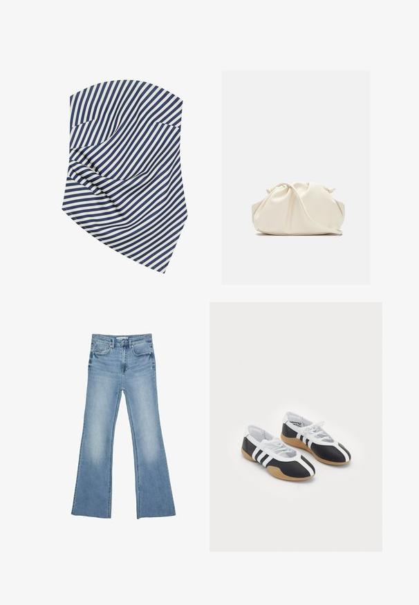 Tessuto a righe blu navy e bianche, caratterizzato da linee diagonali e morbide pieghe. Il materiale appare liscio con una leggera lucentezza e bordi netti.; Jeans svasati di un blu chiaro realizzati in denim, con un classico design a cinque tasche e chiusura con zip e bottone.; Scarpe da ginnastica in bianco e nero con un design elegante, suola in gomma, chiusura con lacci e tre strisce bianche sui lati.; Borsa in ecopelle color crema, morbida, con design arricciato, tracolla regolabile e chiusura a coulisse discreta. Texture liscia e forma arrotondata.