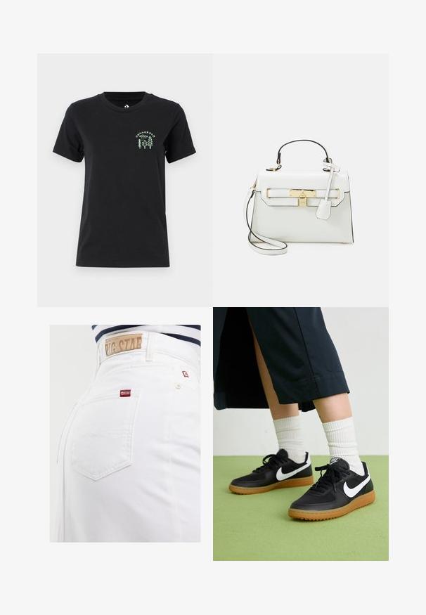 Converse FOREST ART TEE - Apdrukāts T-krekls - black; Baltie džinsi ar augstu vidukli, ar brūnu ādas etiķeti aizmugurē un mazu sarkanu logotipa birku aizmugurējā kabatā.; Melna āda un sintētiska materiāla sporta apavi ar baltu Nike logo, gumijas zole, apaļa purngala forma un melni šņores. Redzamas ribotas baltas zeķes.; Balts rokassomu ar krokodila tekstūru, zelta aksesuāriem, augšējo rokturi un noņemamu plecu siksnu; iekļauj slēgšanu ar atslēgu un minimālistisku dizainu.