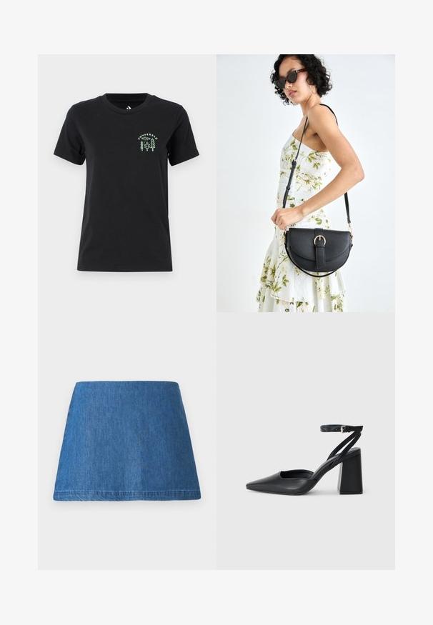 Converse FOREST ART TEE - T-Shirt print - black; Jeans-Minirock in einem mittleren Blauton, mit klassischer A-Linien-Form, sauberem Saum und ohne sichtbare Verzierungen oder Muster.; Schwarze Leder-Pumps mit spitzer Zehe, einem Knöchelriemen und einem blockigen Absatz. Flache Textur, elegantes Design und minimalistische Ästhetik.; Schwarze Lederhandtasche mit geschwungener Form, abnehmbarem Tragegurt und goldenen Beschlägen. Die Tasche verfügt über einen Deckel mit einer Schnallen-Details.