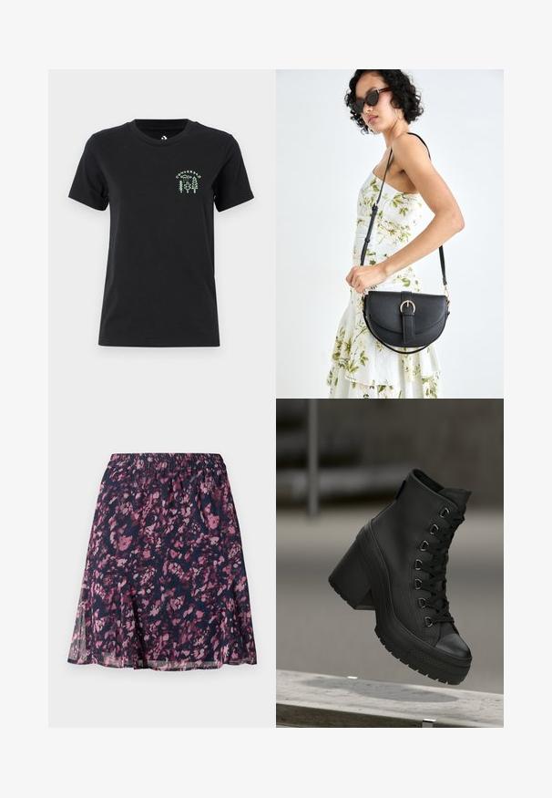 Converse FOREST ART TEE - T-shirts med print - black; Marineblå skjørt med elastisk midje, prydet med et rosa og lilla abstrakt blomstermønster og en lett utvidet nederkant.; Sorte høyhælte plattformstøvler i svart med teksturert lærfinish, snøring foran og chunky hæl. Har en gummisåle med distinkte mønstre.; Svart lærveske med en buet form, avtagbar stropp og gullbeslag. Vesken har et klaff med spenne-detall.