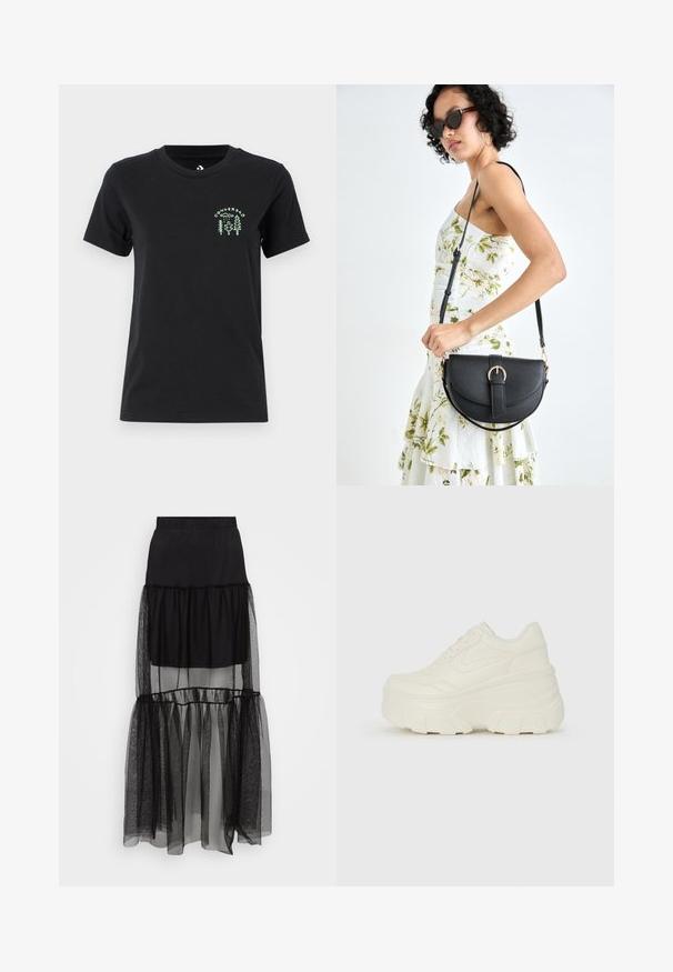 Converse FOREST ART TEE - T-shirts med print - black; Svart lagdelt skjørt med en gjennomsiktig, teksturert nedre del, elastisk midje og en flytende design. Består av lette materialer.; Hvite plattformsnickers med en glatt læraktig overdel, avrundet form, polstret krage og teksturert gummisåle med tydelige dekk.; Svart lærveske med en buet form, avtagbar stropp og gullbeslag. Vesken har et klaff med spenne-detall.