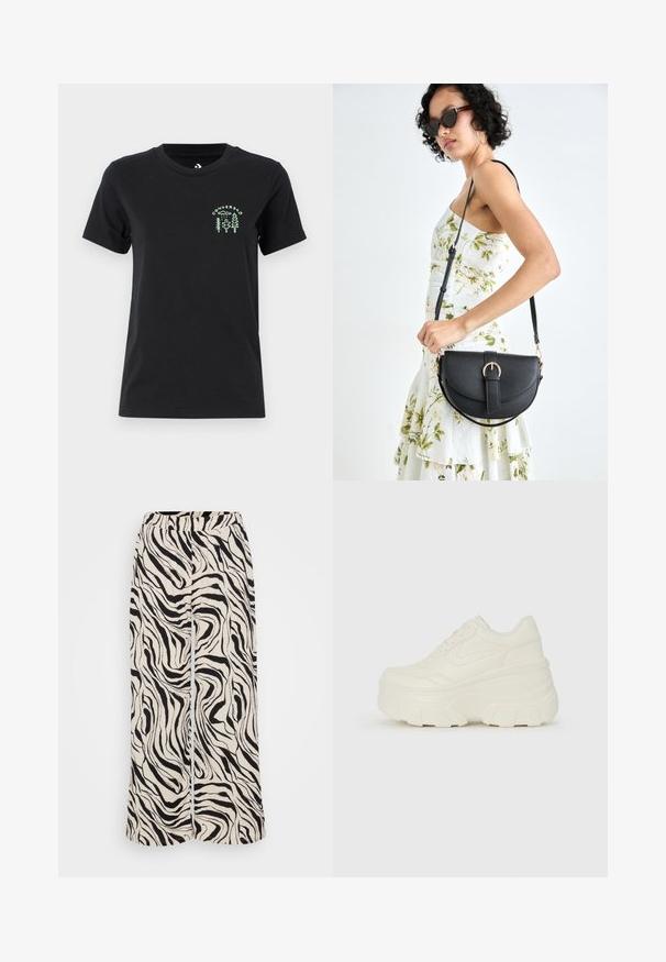 Converse FOREST ART TEE - Marškinėliai su spaudiniu - black; Plačios kojos kelnės pagamintos iš lengvos medžiagos, su juodai baltu zebra raštu. Elastinga juosmens juosta ir glotni tekstūra.; Baltos platformos sportbačiai su lygiu odos primenančiu paviršiumi, apvalia forma, paminkštintu apykakle ir tekstūruotu guminiu padu su ryškiais protektoriais.; Juodas odinis krepšys su išlenkta forma, nuimamu dirželiu ir auksiniais detalėmis. Krepšys turi kilpą su sagtimi.