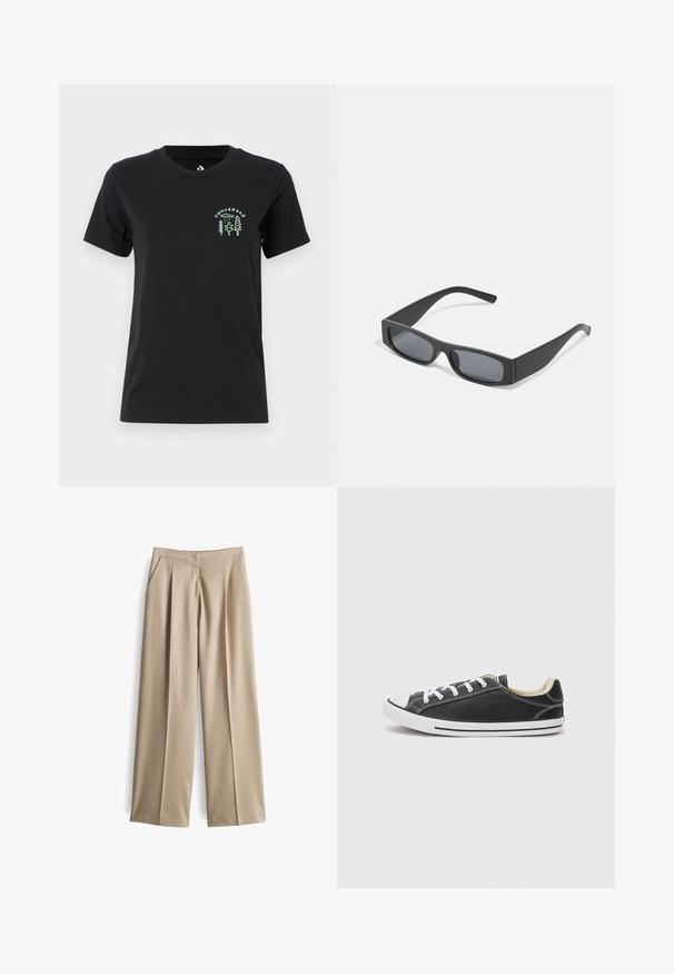 Converse FOREST ART TEE - T-shirt print - black; Beige wijde broek gemaakt van textuurstof, met een knoopsluiting, voorzakken en scherpe plooien voor een verzorgde uitstraling.; Converse CHUCK TAYLOR ALL STAR DAINTY LUCKY - Sneakers laag - black/white; Zwarte rechthoekige zonnebril met donkere lenzen en dikke matte monturen. De zijstukken zijn licht taps toelopend met een gladde textuur.