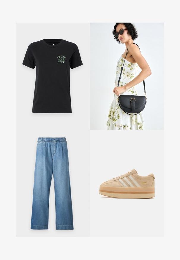 Converse FOREST ART TEE - T-shirts med print - black; Lyseblå dongeribukser med elastisk midje, vide ben og subtil tekstur. Uten synlige lommer eller dekorasjoner.; Beige suede plattform sneakers med hvite tre striper, rund tå og beige gummisåle med en gulllogo aksent på siden.; Svart lærveske med en buet form, avtagbar stropp og gullbeslag. Vesken har et klaff med spenne-detall.