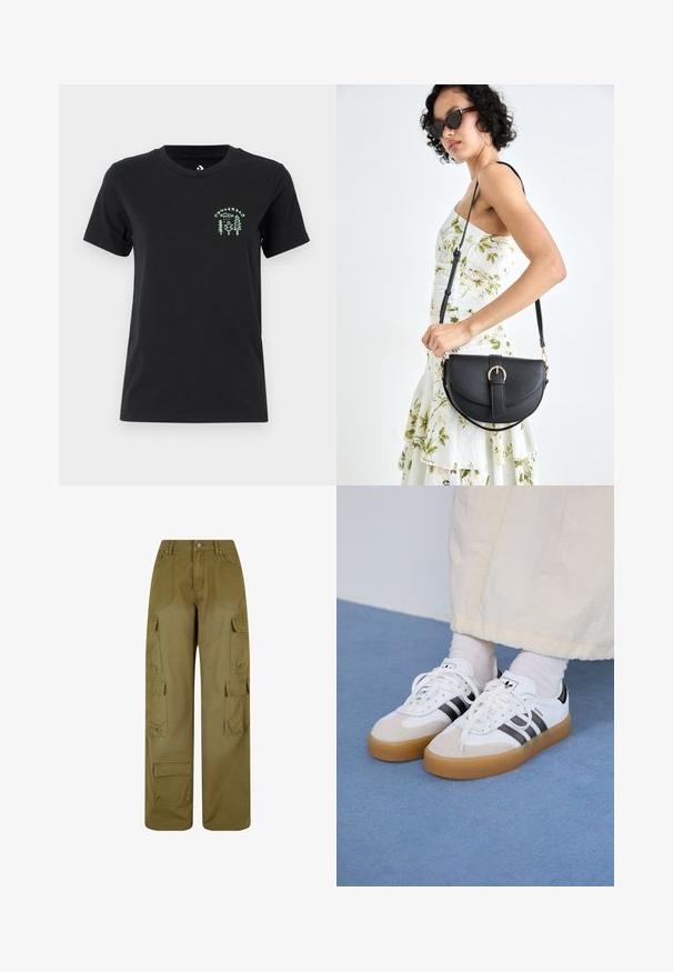 Converse FOREST ART TEE - T-Shirt print - black; Olivgrüne Cargo-Hose aus strapazierfähigem Material; sie verfügt über weite Beine, mehrere Seitentaschen und einen Frontknopfverschluss.; Weiße Sneaker mit schwarzen Streifen und beigen Wildlederakzenten. Besitzen eine strukturierte Gummisohle und flache weiße Schnürsenkel, getragen mit hellen Socken.; Schwarze Lederhandtasche mit geschwungener Form, abnehmbarem Tragegurt und goldenen Beschlägen. Die Tasche verfügt über einen Deckel mit einer Schnallen-Details.