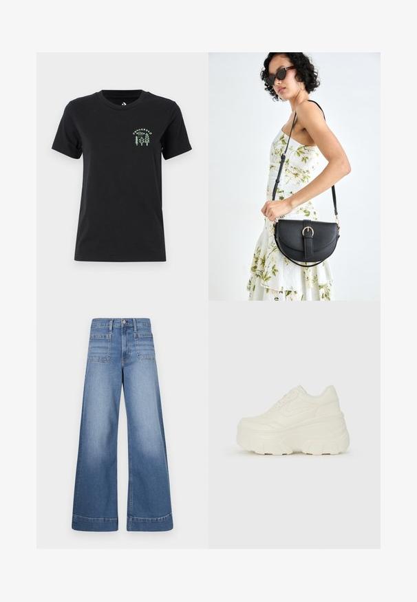 Converse FOREST ART TEE - Tricou cu imprimeu - black; Jeans din denim albastru cu picioare largi și talie înaltă, prevăzuți cu două buzunare frontale și două buzunare posterioare, având o finisare curată și o decolorare subtilă.; Adidași platformă albi, cu un superior neted asemănător cu pielea, formă rotunjită, guler căptușit și talpă din cauciuc texturată cu borduri bine definite.; Geantă din piele neagră, cu o formă curbată, curea detașabilă și accesorii aurii. Geanta are un capac cu un detaliu tip cataramă.