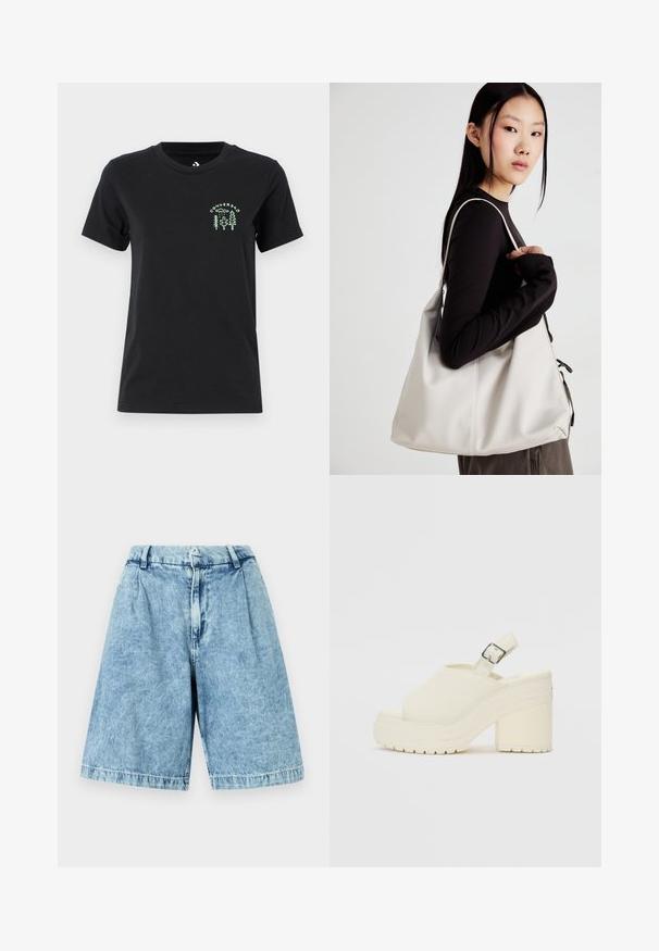 Converse FOREST ART TEE - T-shirt imprimé - black; Shorts en denim bleu clair avec une coupe décontractée, dotés d'une fermeture éclair à l'avant, de passants de ceinture et d'une texture légèrement délavée. Les bords ourlés complètent le design.; Bottines blanches à plateforme avec un bout ouvert et une bride à l'arrière. Fabriquées en matériau texturé, elles disposent d'une semelle épaisse avec des motifs de traction.; Sac à main beige en matériau souple, avec un design décontracté, des détails cousus et deux poignées. Idéal pour un usage quotidien.