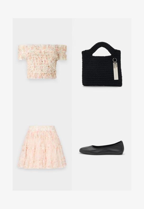 Off-the-shoulder top with ruffled edges, featuring a smocked design in pastel colors, lightweight fabric, and a textured finish.; Needle & Thread DITSY SMOCKED MICRO MINI SKIRT - Mini skirt - moonshine pink; Black leather ballet flat with a rounded toe, smooth texture, minimal stitching detail, and a flexible sole design.; Won Hundred MARSIELLE COMPUTER BAG UNISEX - Laptop bag - black
