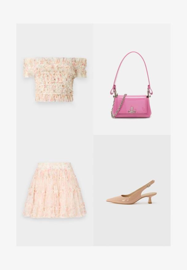 Top cu umeri goi, cu margini volanate, având un design elastic în culori pastelate, dintr-un material ușor și cu un finisaj texturat.; Needle & Thread DITSY SMOCKED MICRO MINI SKIRT - Fustă mini - moonshine pink; Pantofii slingback brevetati, de culoare roz deschis, cu vârf ascuțit, toc mic bloc și o curea ajustabilă cu detaliu de cataramă circulară.; Geantă de mână din piele patent roz, cu formă rectangulară, curea cu lanț detașabil și detalii din metal argintiu pe față.