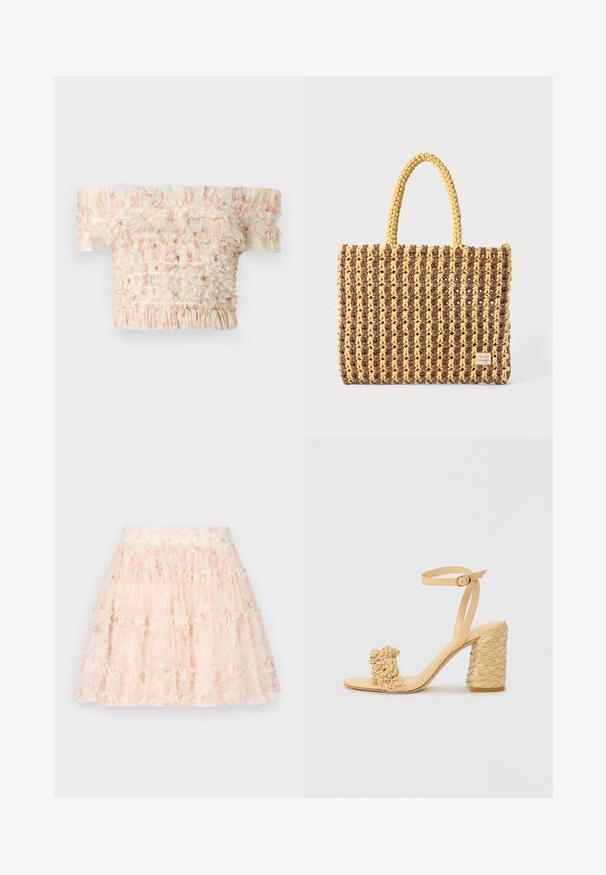 Off-Shoulder-Oberteil mit Rüschenkanten, mit einem gerafften Design in sanften Farben, leichtem Stoff und strukturierter Oberfläche.; Needle & Thread DITSY SMOCKED MICRO MINI SKIRT - Minirock - moonshine pink; Beige High-Heel-Sandale mit geflochtener Textur, dekorativer Blume und Knöchelriemen. Der quadratische Absatz sorgt für Stabilität.; Gewebte Tasche in Braun und Gelb, mit rechteckiger Form, zwei Tragriemen und einer strukturierten Oberfläche mit sichtbaren Nähten und einem Markenschild.