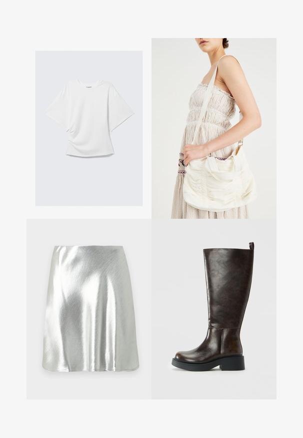 Hvit overdimensjonert T-skjorte med kort erm og rund hals, vist flatt mot en lys grå bakgrunn.; Sølvfarget metallisk mini skjørt med glatt tekstur og lett glans. Har en vid utforming og en enkel, ren kantlinje.; Mørkebrune lær-knestøvlene med rundt tåparti, kraftig sort såle, lav blokkheel og trekkpropp på baksiden.; Hvit stoff skulderveske med samlet tekstur, justerbar stropp og sølvfarget hardware. Vist sammen med en kremfarget kjole.