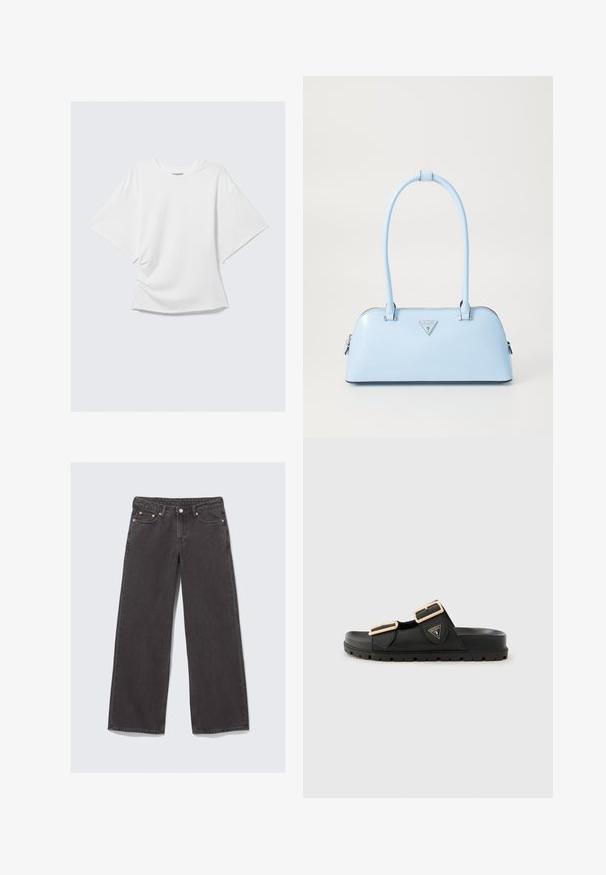 T-shirt blanc surdimensionné à manches courtes et encolure ronde, avec une coupe loose, présenté à plat sur un fond gris clair.; Jeans évasés en denim gris foncé. Caractéristiques : taille haute, quincaillerie en cuivre et design classique à cinq poches.; Sandales noires à glissière avec deux brides ajustables, boucles en ton doré, tige en caoutchouc texturé et semelle épaisse et texturée. Logo affiché sur le côté.; Sac à main bleu clair avec une forme structurée, en cuir lisse, deux poignées et un logo de marque triangulaire à l'avant. Fermeture éclair.