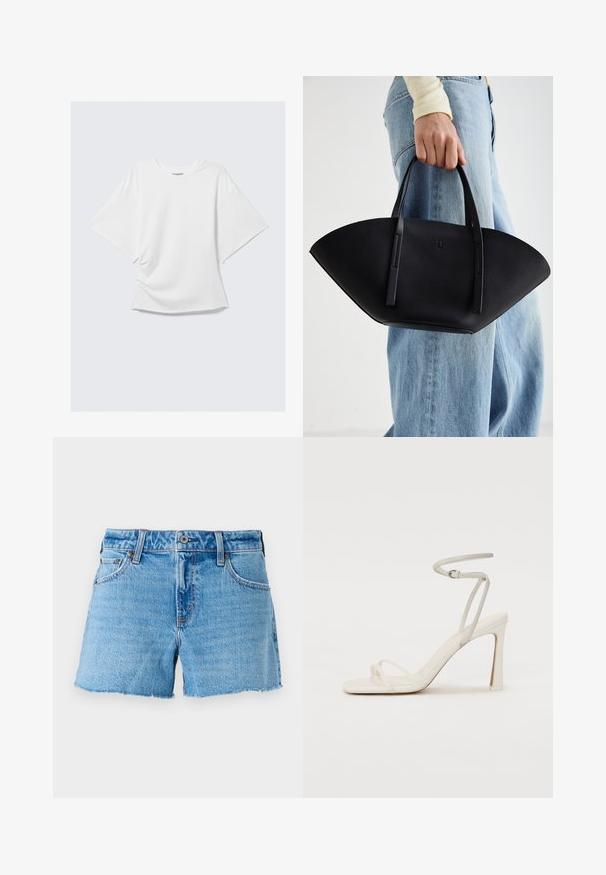 Camiseta blanca de cuello redondo de manga corta y oversize, con un corte holgado, presentada plana sobre un fondo gris claro.; Pantalones cortos de mezclilla en azul claro, con un dobladillo sin acabar, diseño de cinco bolsillos y cierre de botón de bronce. Textura suave con ligero desvanecimiento.; Sandalia blanca de tacón con una delgada correa en el tobillo y dos correas frontales. Textura de cuero suave con punta cuadrada y tacón brillante.; Bolso de mano de cuero negro con una forma de abanico única, que cuenta con asas planas. La superficie tiene una textura de grano y un diseño minimalista.