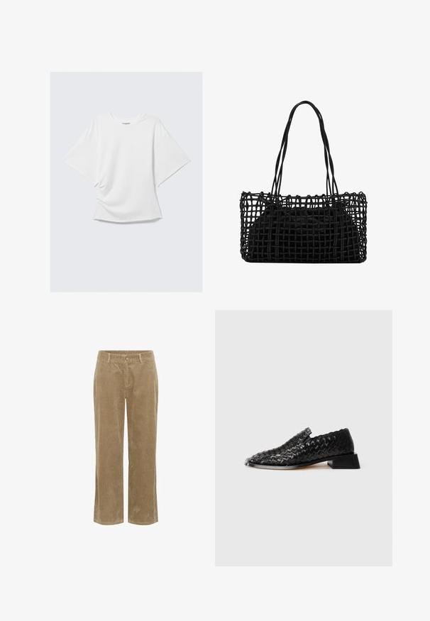Bela prevelika kratka majica s okruglim izrezom i slobodnim krojem, prikazana ravno na svijetlosivoj pozadini.; Bež kordurojske hlače z zankami za pas, sprednjim gumbom, zadrgo in ravnim krojem.; Črne usnjene pletene natikače z nizko blok peto in valovitim robom, prikazane na beli podlagi.; Črna tkanina torba z odprtim mrežastim dizajnom in dvema dolgima ročajema. Ima trden črn notranji del torbe za shranjevanje.