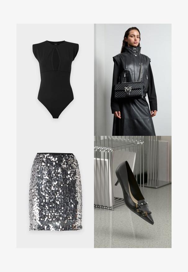 Fekete ujjatlan bodyn, elől kivágással, sima, rugalmas anyagból készült. Feszülő fazonú, minimális varrási részletekkel.; Ezüst flitteres mini szoknya formázott fekete derékkal. Fényes, tükröződő textúrával és hullámos felületi mintázattal rendelkezik.; Fekete bőrből készült magassarkú cipő, hegyes orral, két pánttal, arany csattal és fekete stúdiókkal. Sima textúra és elegáns kialakítás.; Fekete bőr mellény magas gallérral, cipzáras zsebekkel, és egy fekete steppelt kézitáskával, amelyen ezüstszínű hardware díszítések találhatók, hosszú fekete szoknyával viselve.
