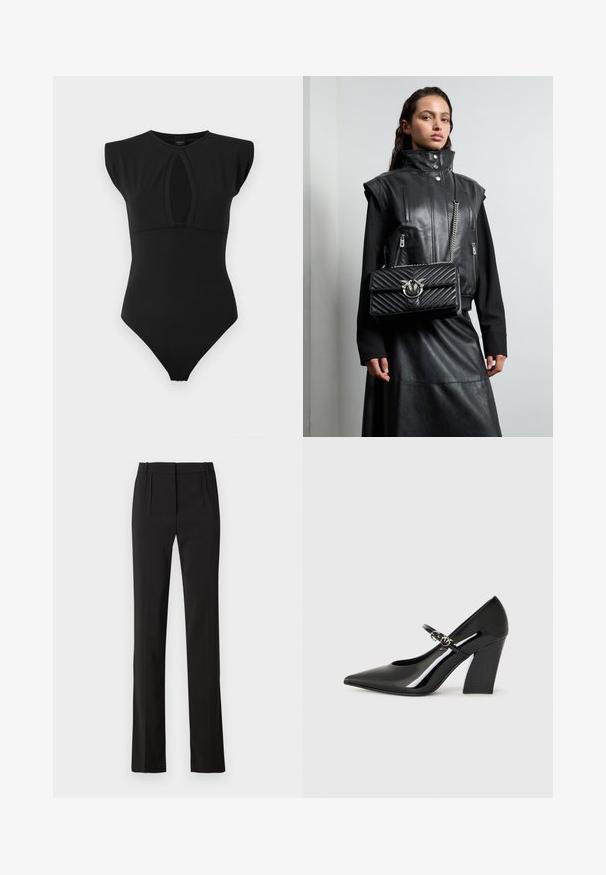 Čierny body s bezrukávovým dizajnom, ktorý má predný výrez a hladký, pružný materiál. Má priliehavý tvar a minimálne švy.; Čierne upravené nohavice s rovnými nohavicami, dvoma prednými záhybmi a hladkou textúrou látky. Žiadne viditeľné vrecká ani kovové prvky.; Čierna lakovaná vysoká topánka na podpätku s špicatou špičkou, širokým podpätkom a remienkom s detailom z kovového hardvéru.; Čierny kožený vest s vysokým golierom, so zipsom na vreckách a čiernou prešívanou kabelkou so striebornými kovovými detailami, nosený s dlhou čiernou sukňou.