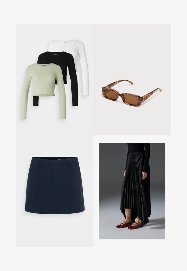 Even&Odd Petite 3 PACK - Topper langermet - black/white/light green; Mørkeblå skjørt med en tettsittende design, som har flat front, beltestropper og ingen synlige lommer. Laget av teksturert stoff.; Svart plissert skjørt med høy-lav hem, kombinert med glansfulle røde leilisser med stroppedesign. Stoffet har en jevn tekstur.; Skilpadde-solbriller med rektangulære brune linser, en tykk ramme og smale stenger som har et mønster av varierende nyanser av brunt.