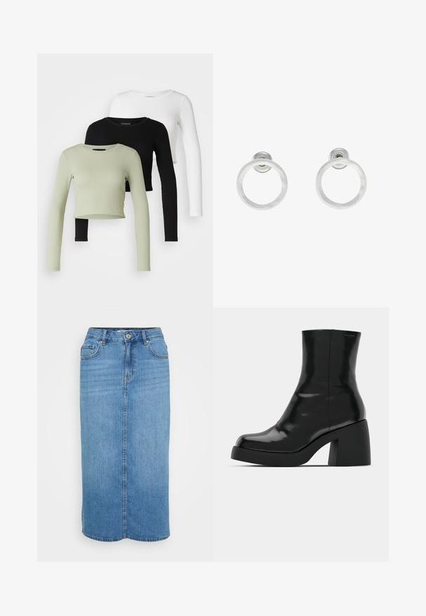Even&Odd Petite 3 PACK - Majica z dolgimi rokavi - black/white/light green; Modra kavbojka midi krila z sprednjim gumbom, petimi žepi in ravnim krojem. Ima bledijo pranje in šivano detajliranje.; Črne gležnjarje z sijajno površino, kvadratnim nosom in debelim blokskim peto. Oblikovanje izstopa s brezšivno silhueto in minimalnim logotipiranjem.; Srebrni kovinski obročasti uhani z brušenjem, s krožno obliko in prozornim zatičem za varno nošenje.