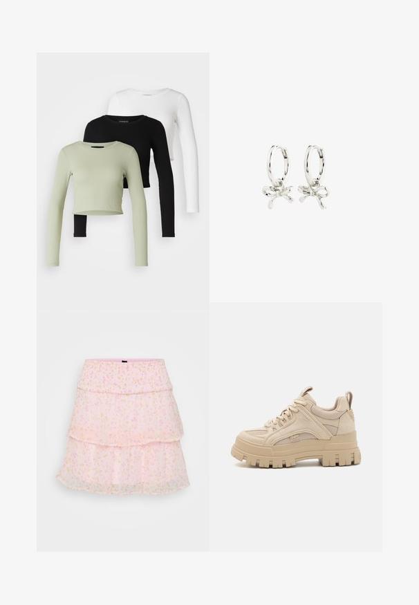 Even&Odd Petite 3 PACK - Langærmet T-shirt - black/white/light green; Rosa, lagdelt nederdel lavet af gennemsigtigt stof med blomstermønstre i pastelfarver. Elastisk talje forbedrer komfort og pasform.; Beige chunky sneakers med en blanding af mesh og ruskind, med en tyk sål og fremtrædende slidbane, snørebåndsdesign og brandingdetalje.; Sølv hoop øreringe med en bue-design og en glat finish samt en poleret tekstur. Kompakt, minimalistisk stil der passer til forskellige lejligheder.