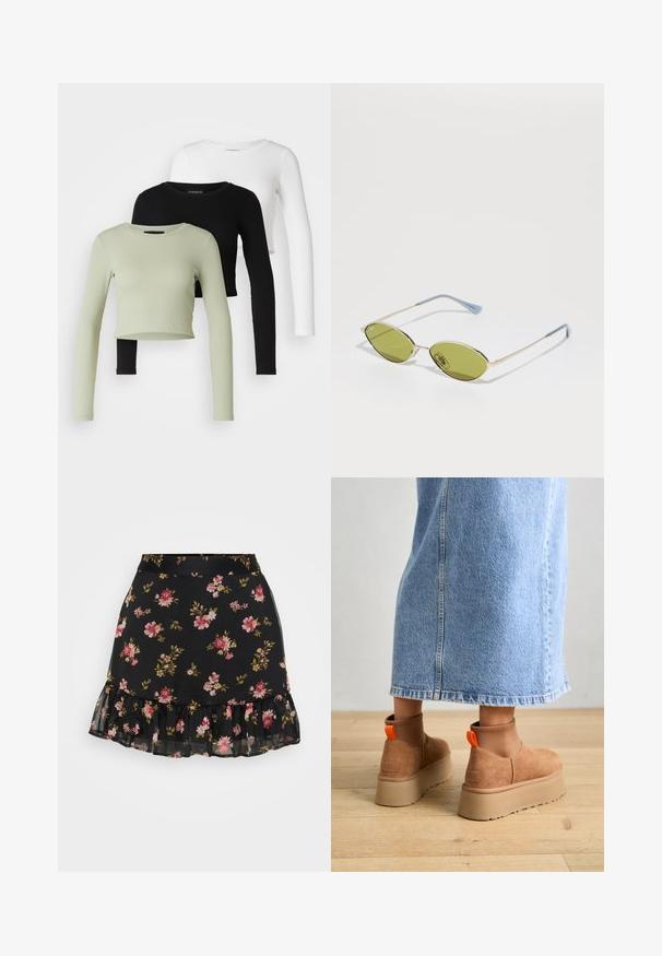 Even&Odd Petite 3 PACK - Long sleeved top - black/white/light green; Black floral skirt with a ruffled hem. It features a pattern of pink and yellow flowers on a sheer fabric. Lightweight and fitted design.; Brown suede platform boots with elastic side panels and orange pull tabs, paired with a knee-length light denim skirt on a wooden floor.; Olive green sunglasses with a thin gold frame and blue-accented arms. Oval lenses and minimalistic design.
