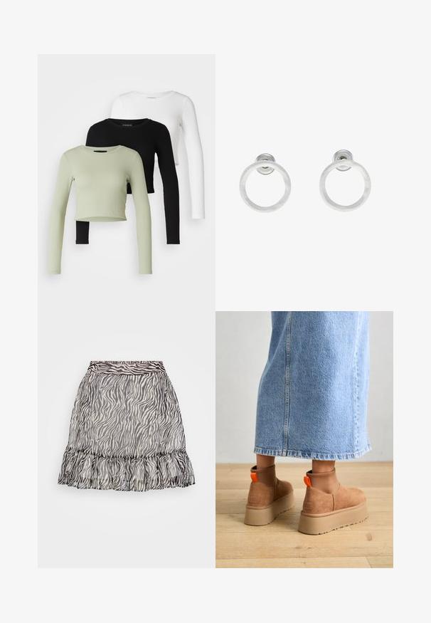 Even&Odd Petite 3 PACK - Longsleeve - black/white/light green; Doorzichtige rok met zebra-patroon, featuring een gerimpelde zoom, zwart-witte kleuren en een elastische tailleband voor een comfortabele pasvorm.; Bruine suède platformlaarzen met elastische zijkanten en oranje trekbandjes, gecombineerd met een lichtdenim rok tot de knie op een houten vloer.; Zilveren metalen ringoorbellen met een geborstelde textuur, met een ronde vorm en een transparante bevestiging voor een veilige draagwijze.