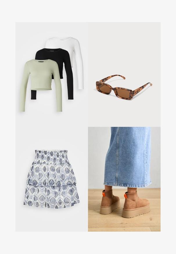 Even&Odd Petite 3 PACK - Pikkade varrukatega topp - black/white/light green; Valge kihiline seelik, millel on lillemuster sinistes ja hallides toonides, smockitud vöökoht ja kerge, tekstureeritud kangas.; Pruunid nahatooted platvormikontsad elastsete külgpaneelidega ja oranžide tõmbetuttidega, koos puusani ulatuva heleda denim-seelikuga puidust põrandal.; Kilpkonna kestaga prillid, millel on ristkülikukujulised pruuni värvi objektiivid, paks raam ja peened käed, millel on erinevate pruunide toonide muster.