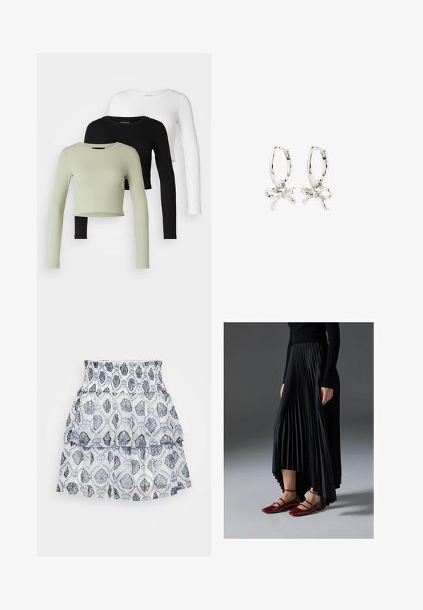 Even&Odd Petite 3 PACK - Ilgarankovis viršutinės dalies drabužis - black/white/light green; Balta keliaraištinė sijonas, puošnus mėlynų ir pilkų atspalvių gėlių raštu, su susiraukšlėjusia juosmens dalimi ir lengvu, tekstūruotu audiniu.; Juoda plisuota sijonas su aukštesniu priekiniu kraštu, derinamas su blizgiomis raudonomis plokščiomis bateliais, turinčiais dirželio dizainą. Medžiaga yra glotni.; Sidabrinės auskarų žiedai su juostos dizainu, turintys lygų paviršių ir Poliruotą tekstūrą. Kompaktiško, minimalistinio stiliaus, tinkantys įvairioms progoms.