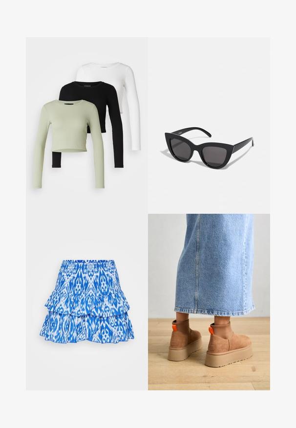 Even&Odd Petite 3 PACK - Långärmad tröja - black/white/light green; Blå flerlagerskjol med ett livfullt ikatmönster. Har volanglager och en elastisk midja för justerbarhet. Materialet verkar lättviktigt.; Bruna mockakängor med plattform och elastiska sidopaneler samt orange dragflikar, till kombinerade med en knälång ljus denimkjol på ett trägolv.; Svarta kattögon-solglasögon med matt yta, utrustade med gråtonade linser, skarpa vinklar och slanka sidobågar. Varumärket synligt på den inre bågen.