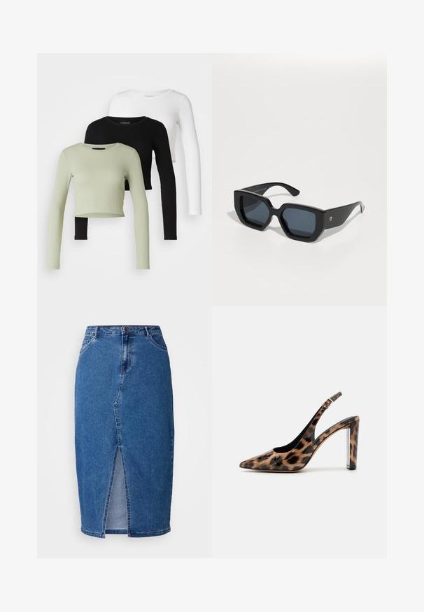 Even&Odd Petite 3 PACK - Ilgarankovis viršutinės dalies drabužis - black/white/light green; Mėlynas džinsinis sijonas su priekine praskirta dalimi, aukšta juosmeniu, penkiomis kišenėmis ir diržo kilputėmis. Audinys turi tekstūruotą paviršių.; Leopardų rašto slingback aukštakulniai su smailiu priekiu ir skaidriu blokuotu kulnu. Pagaminti iš blizgaus medžiagos su glotnia tekstūra.; Juodos didelės saulės akinių su geometriniu raštu, stačiakampiais objektyvais ir blizgiu paviršiumi. Nėra matomo prekės ženklo priekyje.; Sidabriniai auskarai su sklandžiu, poliruotu paviršiumi. Apvalios formos ir saugus uždarymo mechanizmas. Lengvas dizainas, tinkantis kasdieniam dėvėjimui.