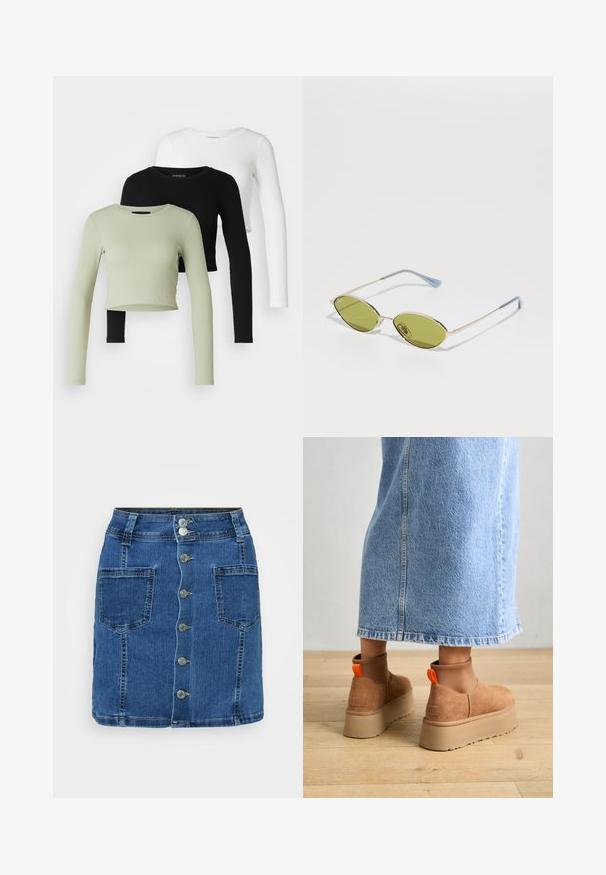 Even&Odd Petite 3 PACK - Tops ar garām piedurknēm - black/white/light green; Džinsu svārki ar pieguļošu jostasvietu, pieciem metāla pogām priekšpusē un divām lielām sānu kabatām. Garums līdz vidējiem augšstilbiem un klasiskā zila krāsa.; Brūni zamšādas platforma zābaki ar elastīgiem sānu paneļiem un oranžām cilpām, apvienoti ar līdz ceļgaliem garu gaišā denima svārku uz koka grīdas.; Olīvu zaļi saulesbrilles ar plānu zelta rāmi un zila akcenta kājām. Ovali lēcas un minimālisma dizains.; Sudraba auskari ar gredzenu formu un saites dizainu, ar gludu apdari un pulētu tekstūru. Kompakts, minimālisma stils, kas piemērots dažādām reizēm.