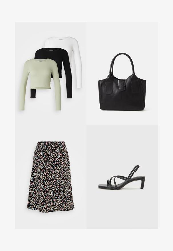 Even&Odd Petite 3 PACK - Majica z dolgimi rokavi - black/white/light green; Cvečni midi krilo temno črne barve, ki ima majhne rožnate, modre in bež cvetlice. Elastičen pas s trakastim detajlom, tekoč dizajn.; Črne natikače s trakovi in kvadratnim prstom ter nizkim blokastim peto. Imajo več tankih trakov in nastavljiv trak okoli gležnja. Narejene so iz gladkega usnja.; Črna usnjena torba s gladko teksturo, strukturirano obliko, dvema ročkama in izrazitim srebrnim sponko na sprednji strani.