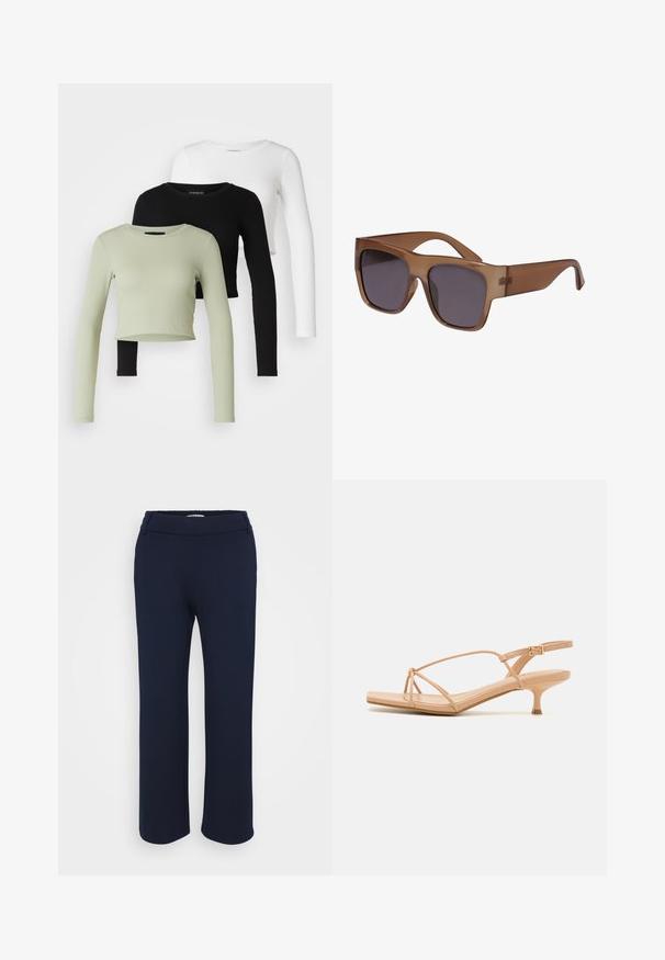 Even&Odd Petite 3 PACK - Pikkade varrukatega topp - black/white/light green; Tumed sinised sirged püksid venivast kangast, millel on lame vöökoht ja kaks küljetaskut kasutusmugavuse tagamiseks.; Nahatud kontsad peenikeste rihmade ja sõlme detailiga. Omab teravatotsa ja stilettokontsi, mis annab elegantse välimuse.; Pruun poolläbipaistev päikeseprillide raam on ruudukujuline ja tumedate läätsedega. Käepidemed on sujuvad ja kergelt kaarduvad, andes moodsa ilme.