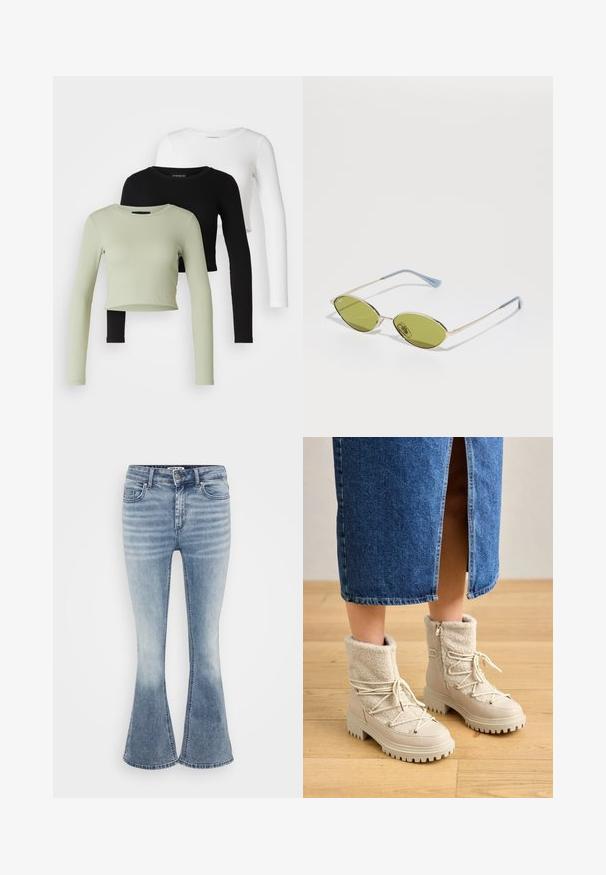 Even&Odd Petite - Bluzka z długim rękawem; Jasnoniebieskie dżinsy dzwony wykonane z dżinsu, z klasycznym pięciokomorowym fasonem, przednim zapięciem na zamek i delikatnym wyblaknięciem w okolicach ud.; Jasno beżowe botki z teksturowanym wierzchem z polaru, kontrastującym gładkim materiałem, wyraźnymi sznurówkami i grubą podeszwą. Dyskretne detale zamka po boku.; Oliwkowe okulary przeciwsłoneczne z cienką złotą ramką i niebieskimi akcentami na zausznikach. Owalne soczewki i minimalistyczny design.