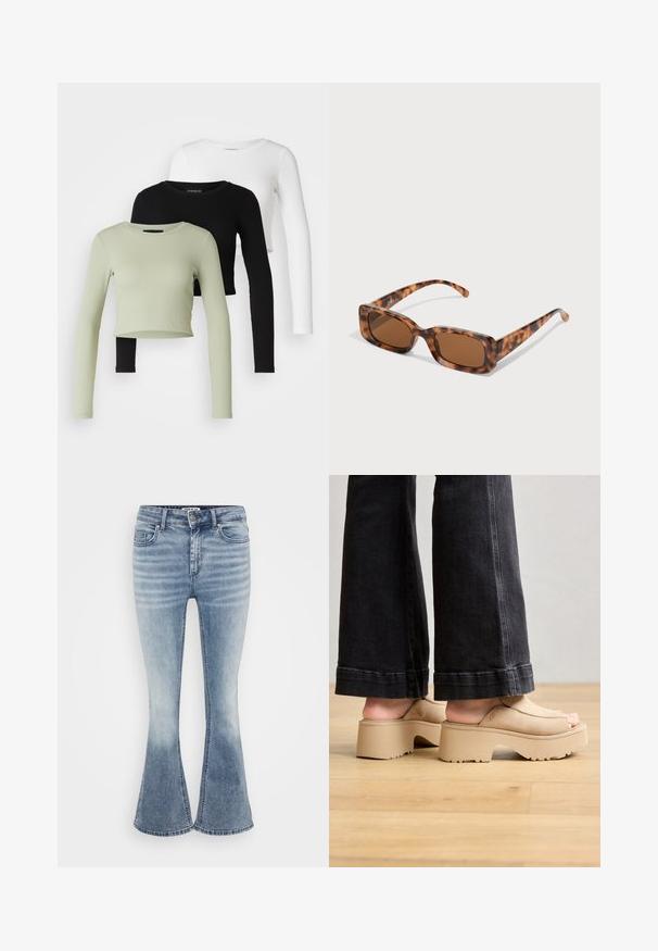 Even&Odd Petite 3 PACK - Langærmet T-shirt - black/white/light green; Lyseblå flagrende jeans lavet af denim, med et klassisk fem-lomme design, foran lynlås lukning og subtil falmning langs lårene.; Beige platform sandaler med en glat suede overdel, open-toe design, tyk sål og subtil branding, parret med mørke flared jeans.; Skildpaddemønster solbriller med rektangulære brune linser, en tyk ramme og slanke arme med et mønster af varierende nuancer af brune.
