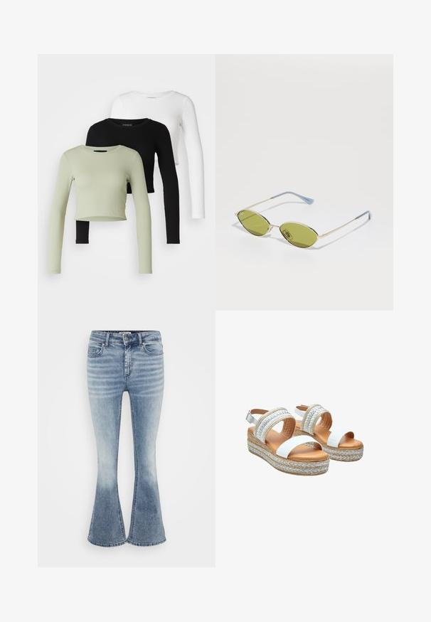 Even&Odd Petite 3 PACK - Bluză cu mânecă lungă - black/white/light green; Jeans evaza de culoare albastru deschis, realizate din denim, având un design clasic cu cinci buzunare, închidere frontală cu fermoar și o ușoară decolorare pe coapse.; Sandale albe cu platformă, având accente din jute împletit, curea la gleznă ajustabilă și parte superioară din piele netedă. Tălpi cushionate de culoare bej.; Ochelari de soare verde măsliniu cu o ramă subțire aurie și brațe cu accente albastre. Lentile ovale și design minimalist.