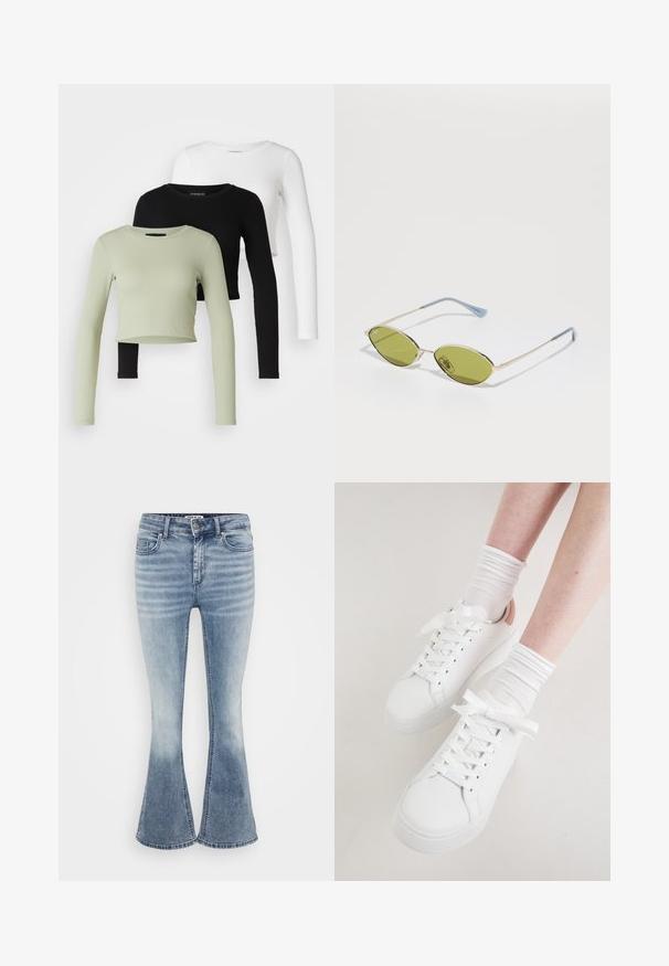 Even&Odd Petite 3 PACK - Topper langermet - black/white/light green; Lys blå flare jeans laget av denim, med et klassisk fem-lomme design, front glidelås og subtile falminger langs lårene.; Hvite lær sneakers har en rund tå, flat såle og tykke lisser. De har en lys rosa hel og er brukt med hvite ribbestrikkede sokker.; Olivengrønne solbriller med en tynd guldramme og blå accenter på stængerne. Ovale linser og minimalistisk design.
