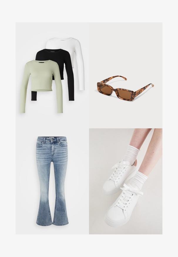 Even&Odd Petite 3 PACK - Hosszú ujjú felső - black/white/light green; Világoskék, trapéz farmerek, amelyek denim anyagból készültek, klasszikus öt zsebes kialakítással, elöl cipzáros záródással és finom elhalványulással a combokon.; A fehér bőr sportcipők lekerekített orral, lapos talppal és vastag fűzővel rendelkeznek. Egy világos rózsaszín sarokkal díszítettek, és fehér bordázott zoknival viselik őket.; Tarka mintás napszemüveg, téglalap alakú barna lencsékkel, vastag kerettel és vékony, különböző árnyalatú barna mintázattal ellátott szárakkal.