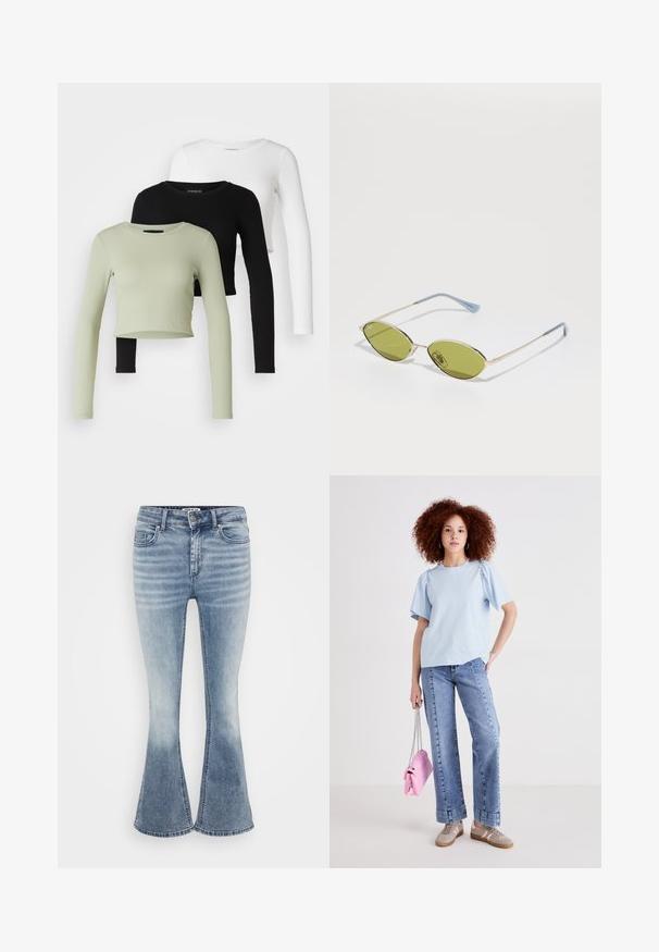 Even&Odd Petite 3 PACK - Langærmet T-shirt - black/white/light green; Lyseblå flagrende jeans lavet af denim, med et klassisk fem-lomme design, foran lynlås lukning og subtil falmning langs lårene.; Lyseblå bomulds T-shirt med korte puf ærmer, parret med højtaljede denim jeans. Modellen holder en lille pink håndtaske med kæde-rem.; Olivengrønne solbriller med en tynd guldramme og blå accenter på stellet. Oval linser og minimalistisk design.