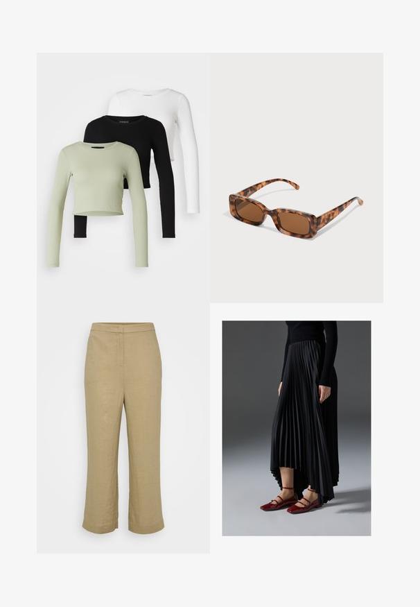 Even&Odd Petite 3 PACK - T-shirt à manches longues - black/white/light green; Pantalon en lin beige à coupe droite, avec une taille mi-haute, des coutures discrètes et des jambes larges raccourcies. Texture lisse, sans motifs visibles.; Jupe plissée noire avec un ourlet asymétrique, associée à des ballerines rouges brillantes avec un design à bandoulière. Le tissu a une texture lisse.; Lunettes de soleil en écaille de tortue avec des verres rectangulaires marron, une monture épaisse et des branches fines présentant un motif de nuances variées de marron.; Boucles d'oreilles en argent avec une finition lisse et polie. Forme ronde et fermeture à clip sécurisée. Design léger adapté pour un port quotidien.