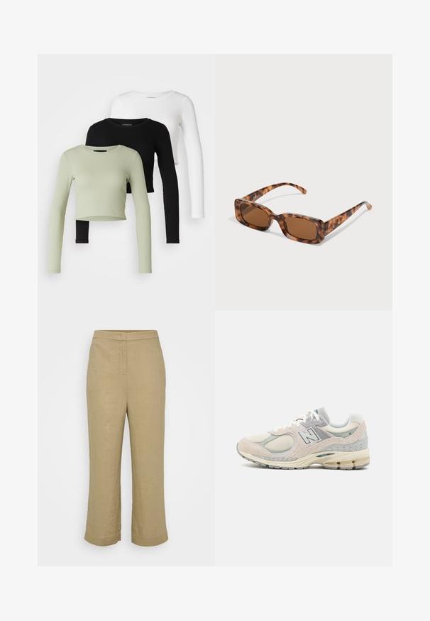 Even&Odd Petite 3 PACK - Långärmad tröja - black/white/light green; Beiga linbyxor med rak passform, med en normal midja, subtila sömmar och vida, cropped ben. Slätt material utan synliga mönster.; Ljusgrå och tan New Balance-sneaker med mocka och nätmaterial, vadderad krage, tjock sula och reflekterande detaljer. Snörningsdesign.; Sköldpaddsmönstrade solglasögon med rektangulära bruna linser, en tjock ram och smala bågar som har ett mönster av varierande nyanser av brunt.; Silverfärgade hoopörhängen med en slät, polerad yta. Rund form och säker klickstängning. Lättviktig design som passar för vardagligt bruk.