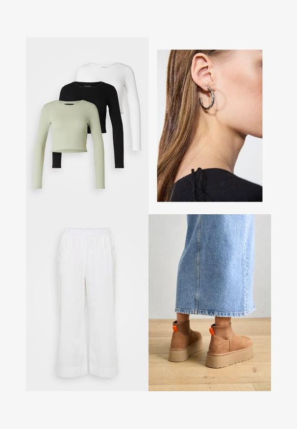 Even&Odd Petite 3 PACK - Langarmshirt - black/white/light green; Weiße, weit geschnittene Hose aus leichtem Material. Verfügt über einen elastischen Bund und Seitentaschen, mit einer glatten, matten Textur.; Braune Wildleder-Plateau-Stiefel mit elastischen Seitenpaneelen und orangen Zuglaschen, kombiniert mit einem knielangen hellen Jeansrock auf einem Holzboden.; Silberne Creolen mit polierter Oberfläche, die kleine goldene Akzentdetails und eine runde Form aufweisen, am Ohrläppchen getragen.